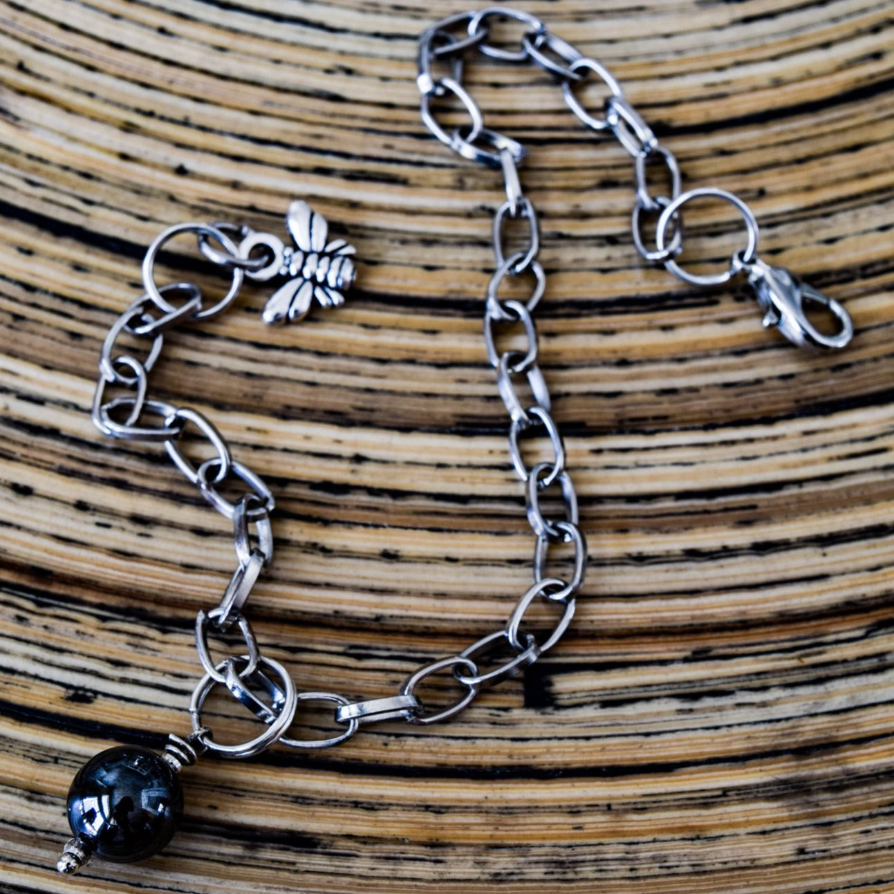 Expressions in Hematite, Silver Chain Bracelet with a Hematite Bead Charm