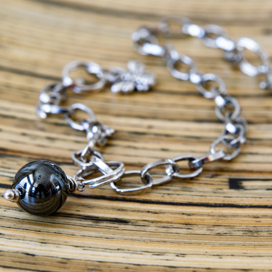 Expressions in Hematite, Silver Chain Bracelet with a Hematite Bead Charm