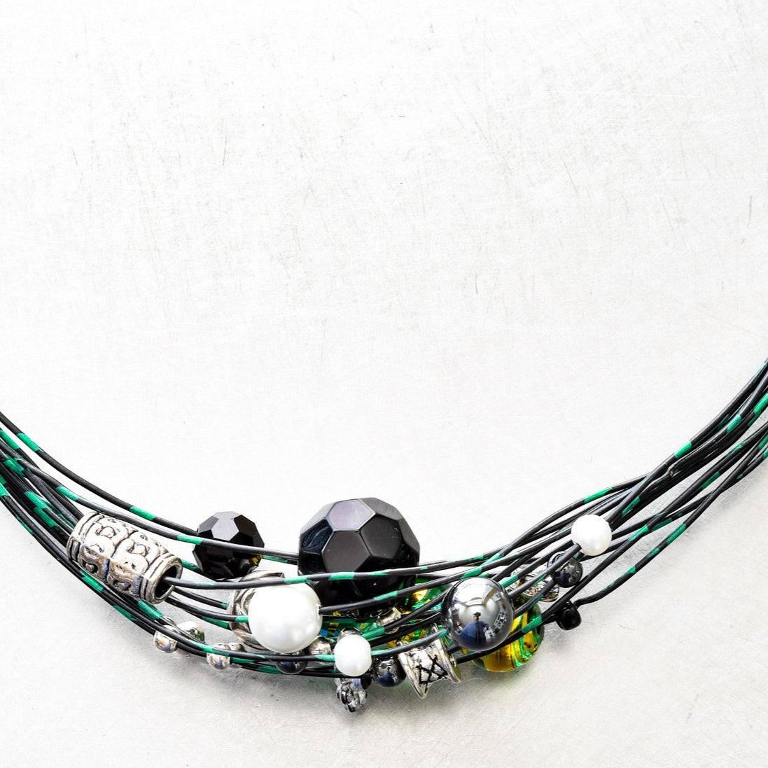 Strands, Black and Green Wire Necklace with Glass, Stone, and Tibetan Style Beads