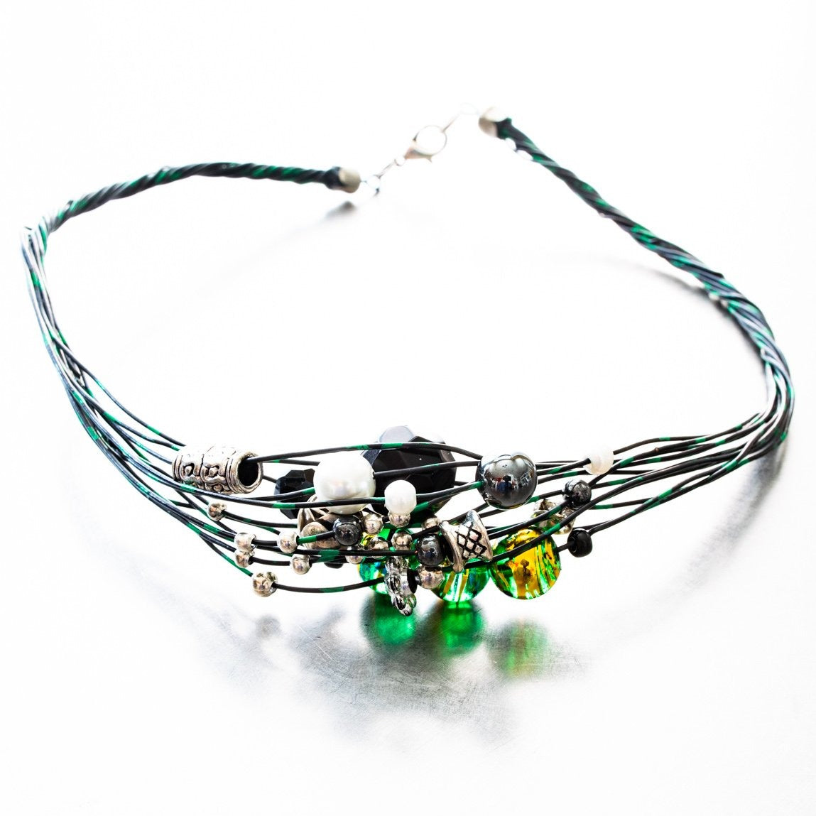 Strands, Black and Green Wire Necklace with Glass, Stone, and Tibetan Style Beads