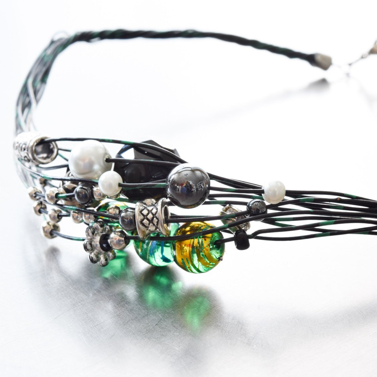 Strands, Black and Green Wire Necklace with Glass, Stone, and Tibetan Style Beads