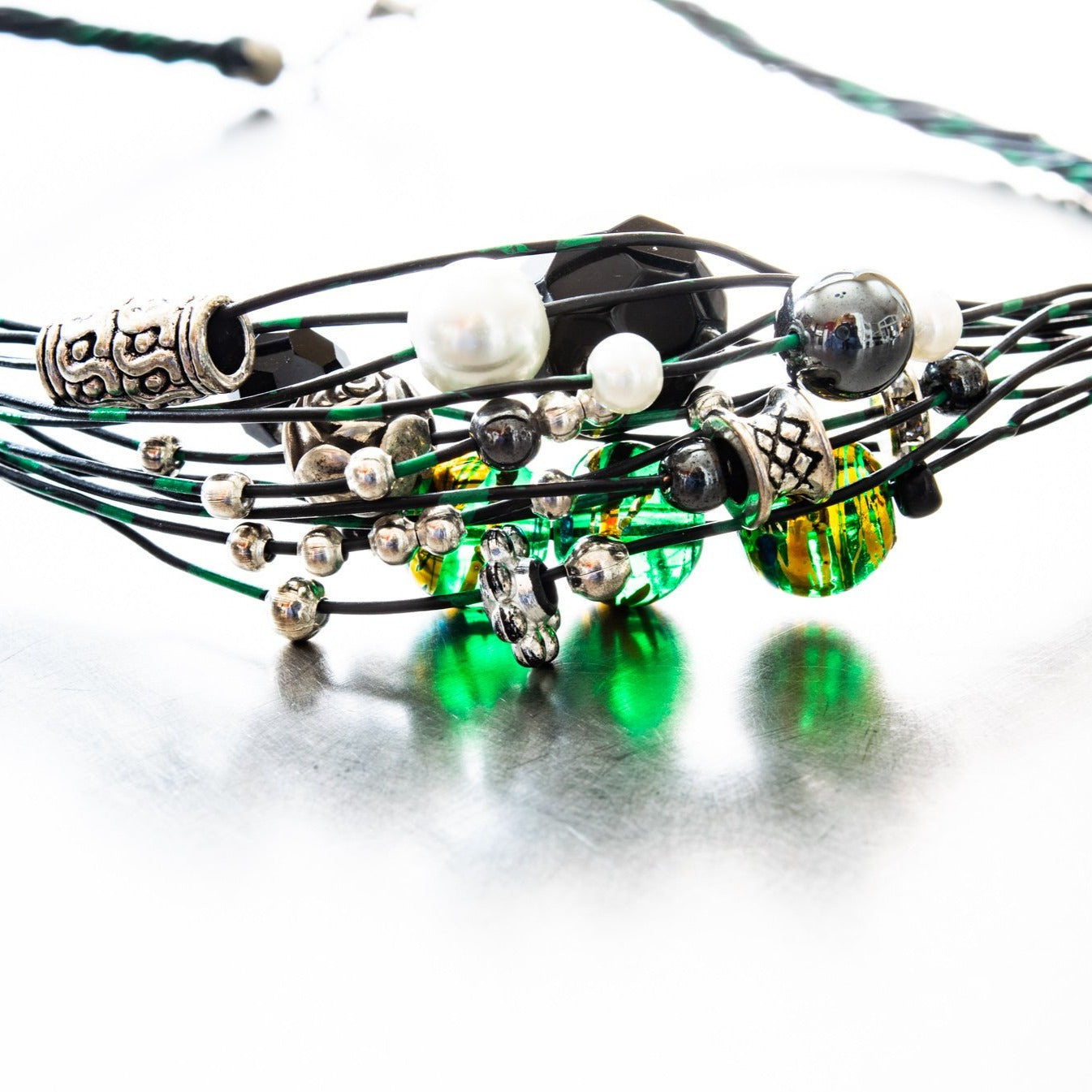 Strands, Black and Green Wire Necklace with Glass, Stone, and Tibetan Style Beads