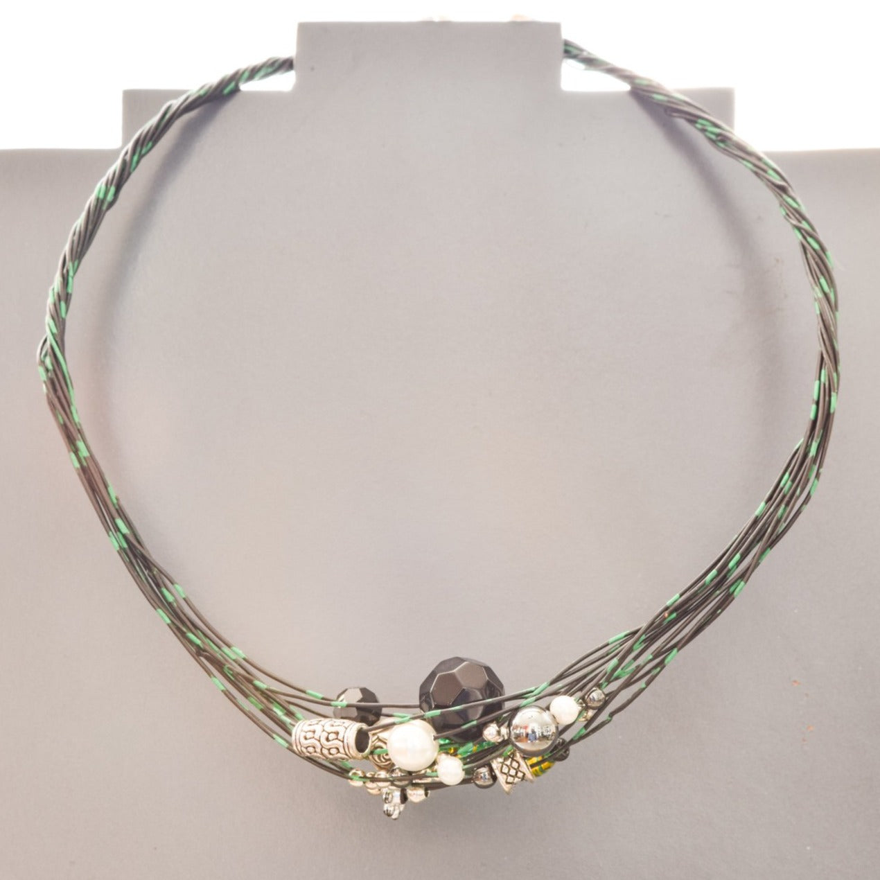 Strands, Black and Green Wire Necklace with Glass, Stone, and Tibetan Style Beads