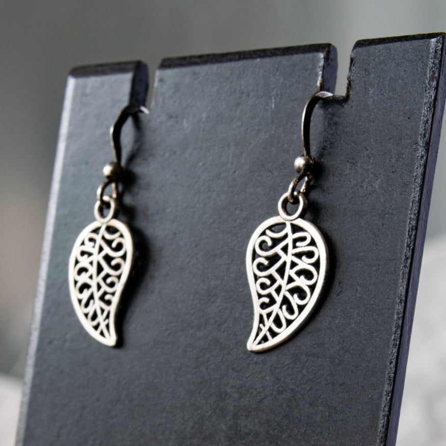 Beginnings, Silver Filigree Leaf Dangle Earrings