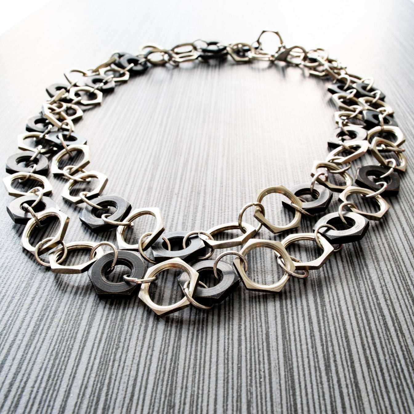 Parts, Black and Silver Steel Nuts Necklace