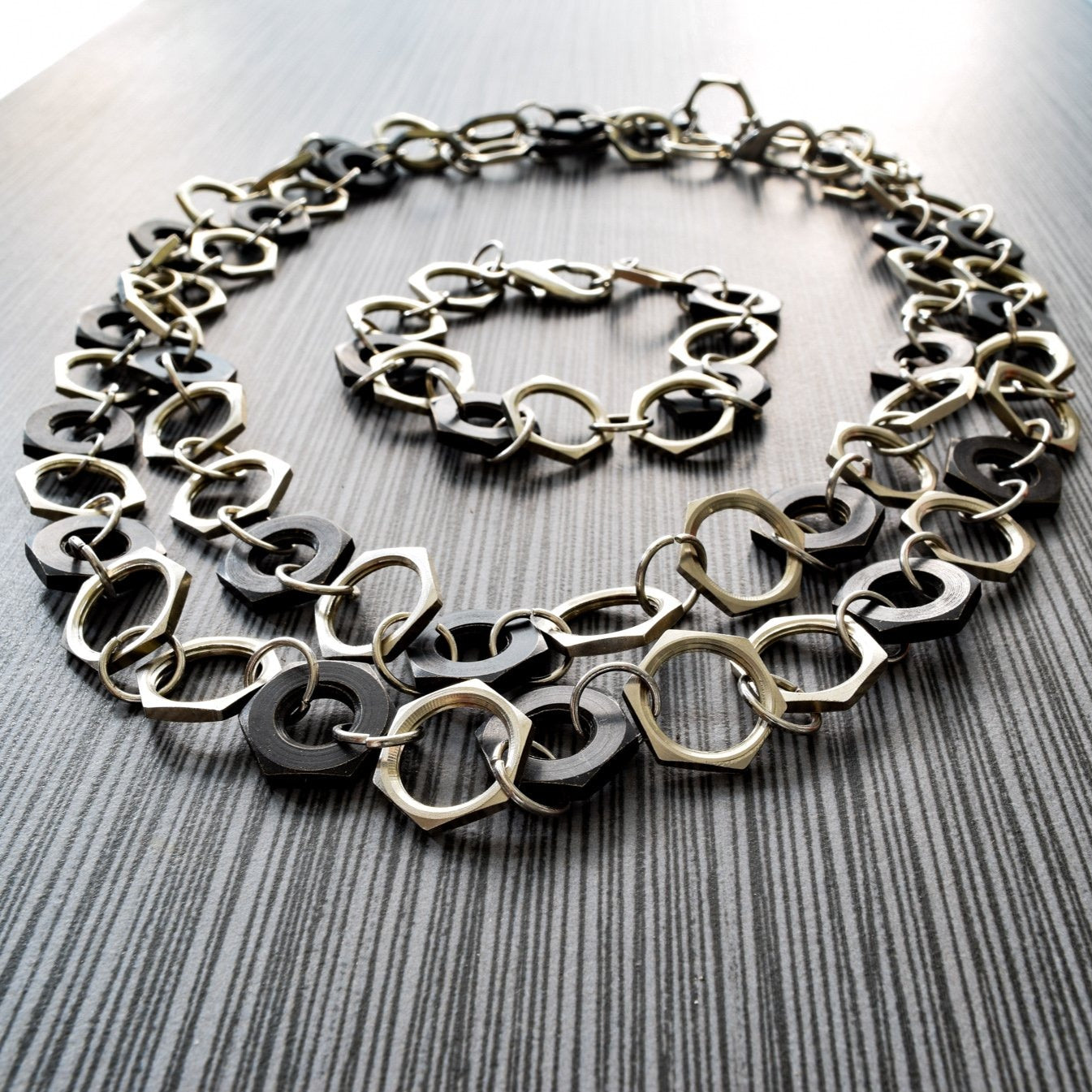 Parts, Black and Silver Steel Nuts Necklace