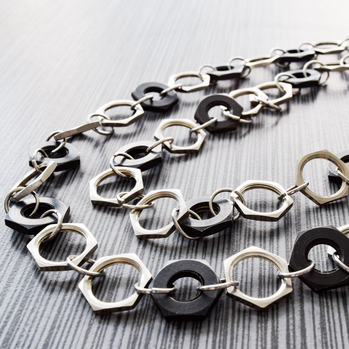 Parts, Black and Silver Steel Nuts Necklace