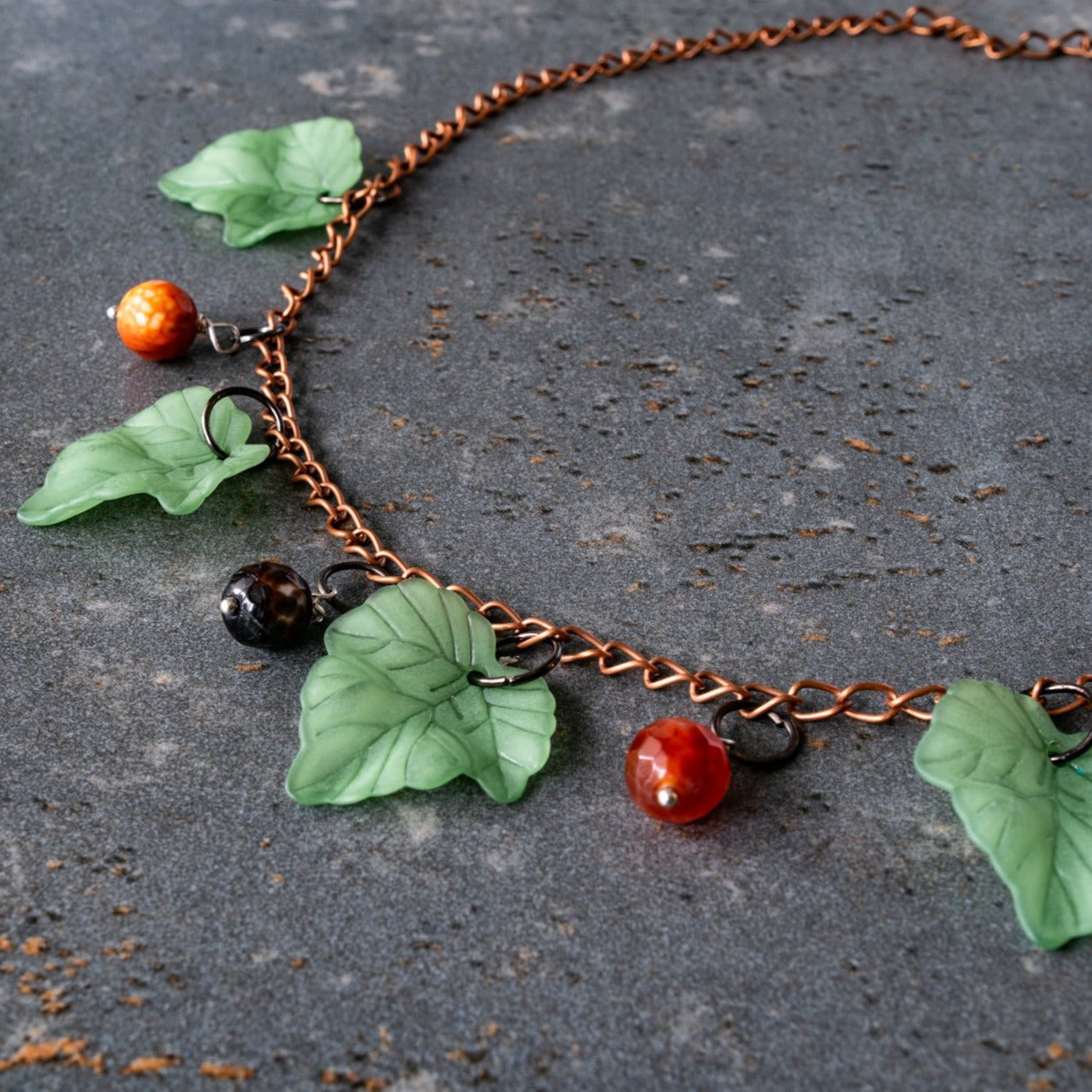 Expressions in Red Fire Agate, 18-inch Copper Leaf Necklace