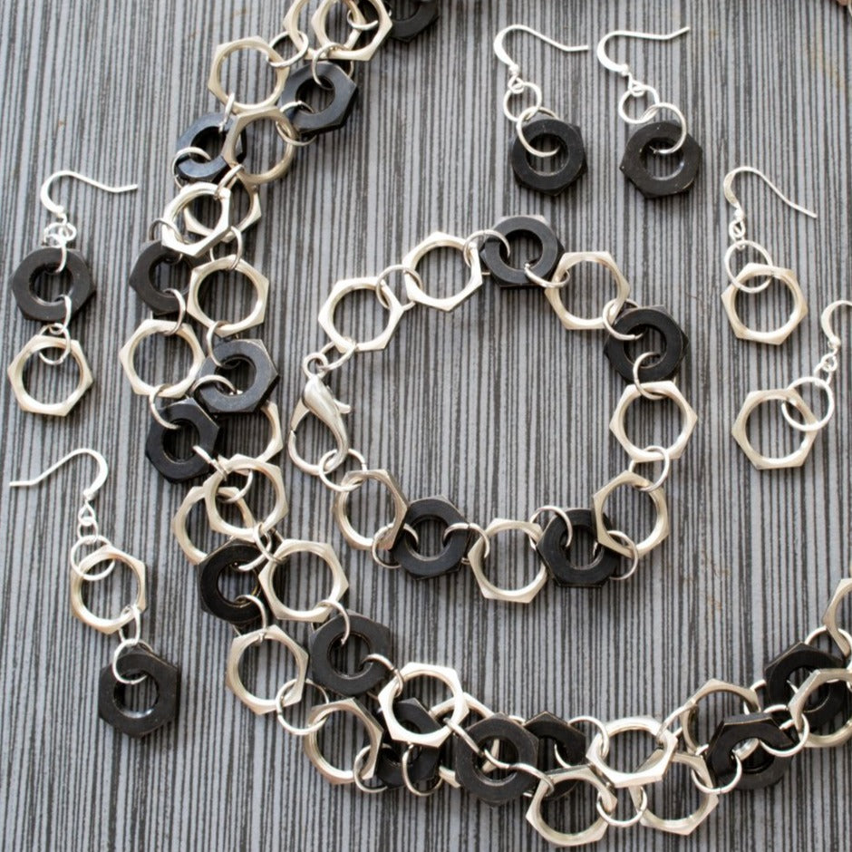 Parts, Black and Silver Steel Nut Bracelet