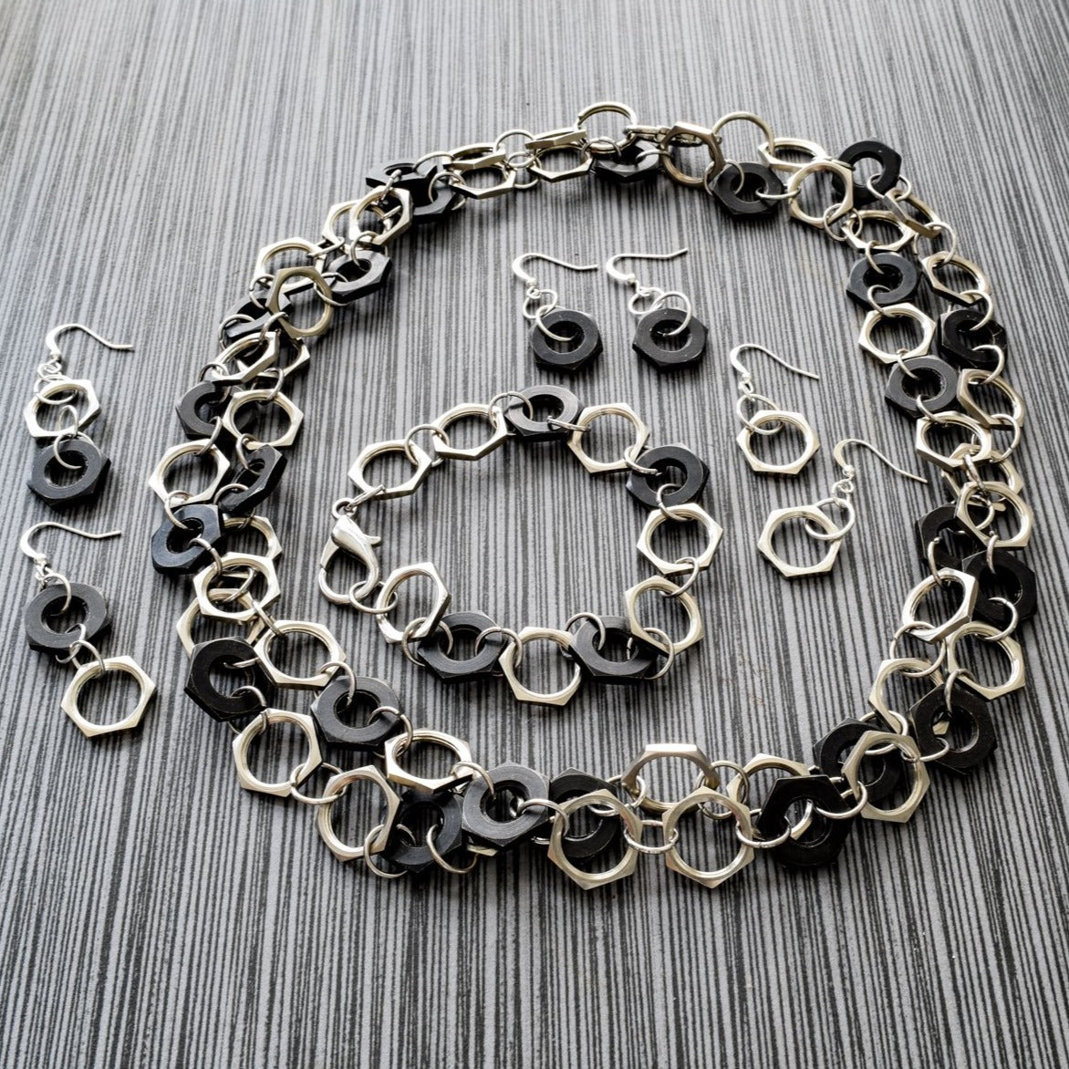 Parts, Black and Silver Steel Nuts Necklace