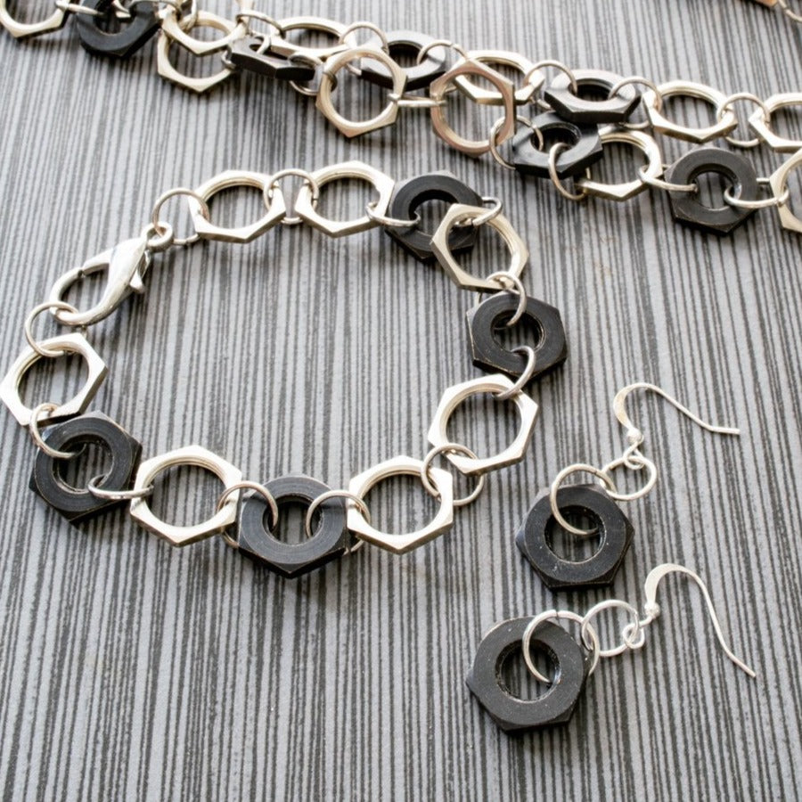 Parts, Black and Silver Steel Nut Bracelet