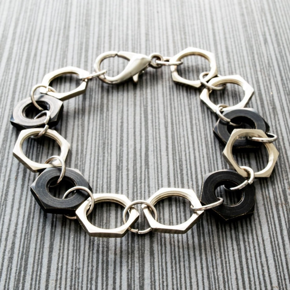 Parts, Black and Silver Steel Nut Bracelet