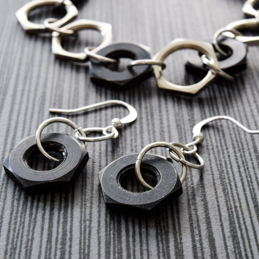 Parts, Black Steel Nut Dangle Earrings