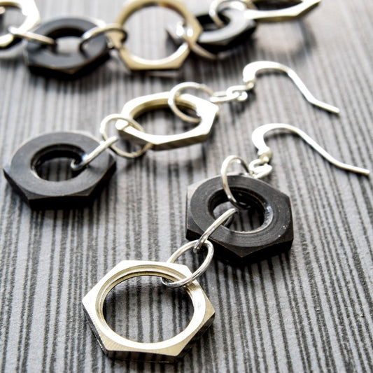 Parts, Black and Silver Nut Dangle Earrings