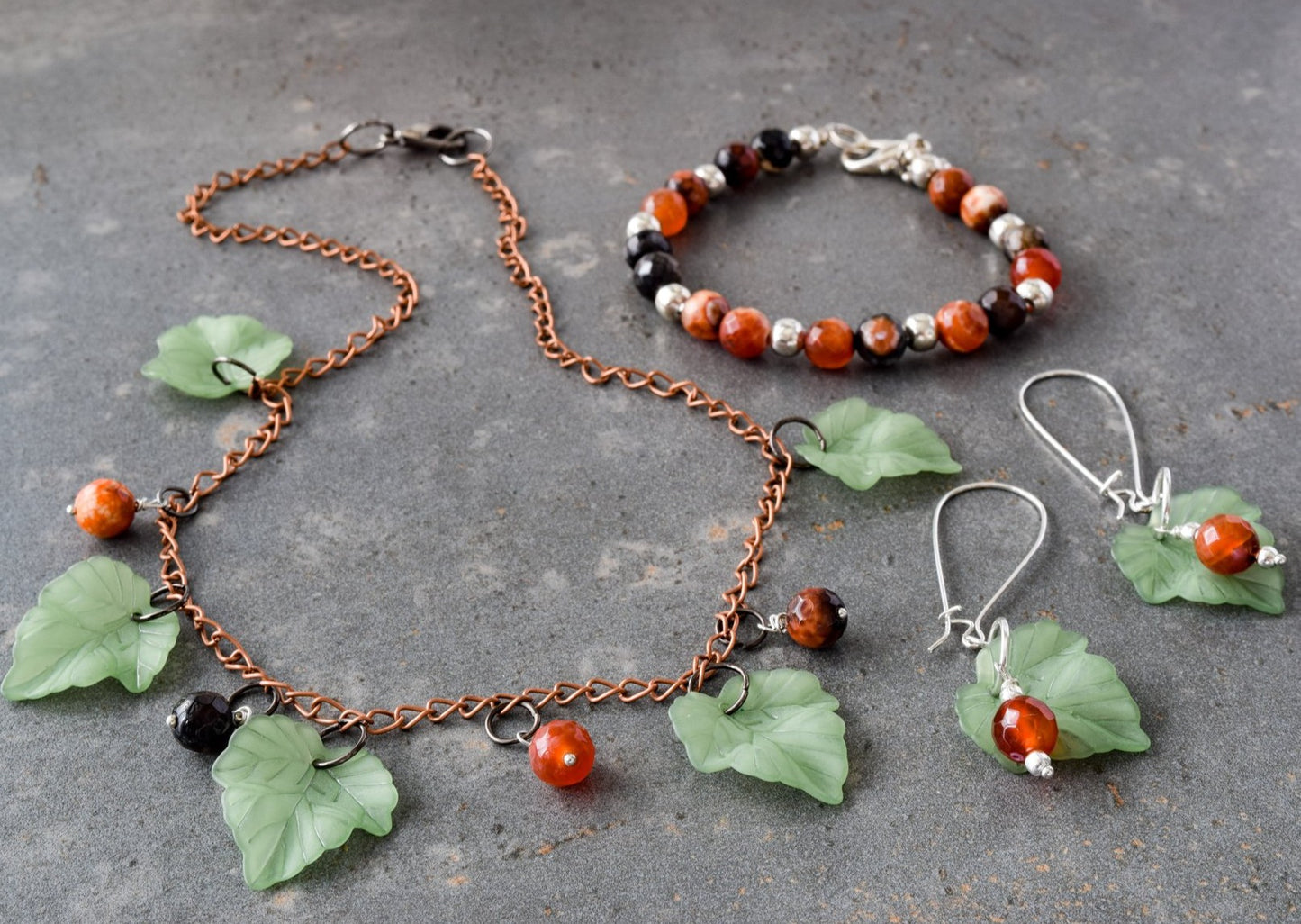 Expressions in Red Fire Agate, 18-inch Copper Leaf Necklace