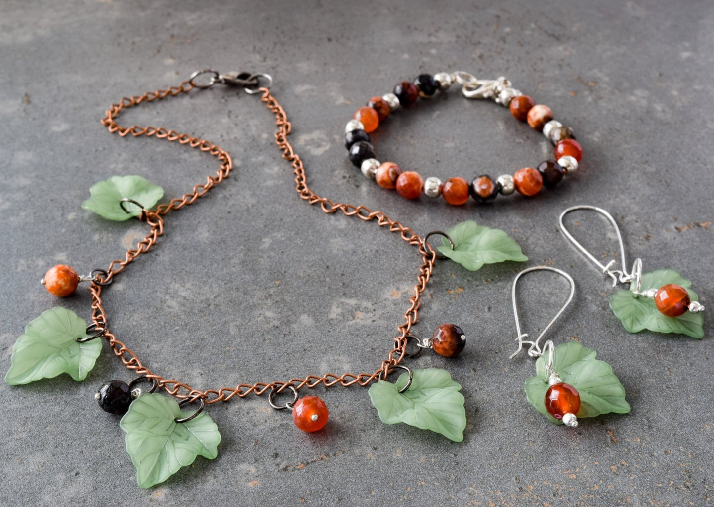 Expressions in Red Fire Agate, 20-inch Silver Necklace with a Leaf Pendent