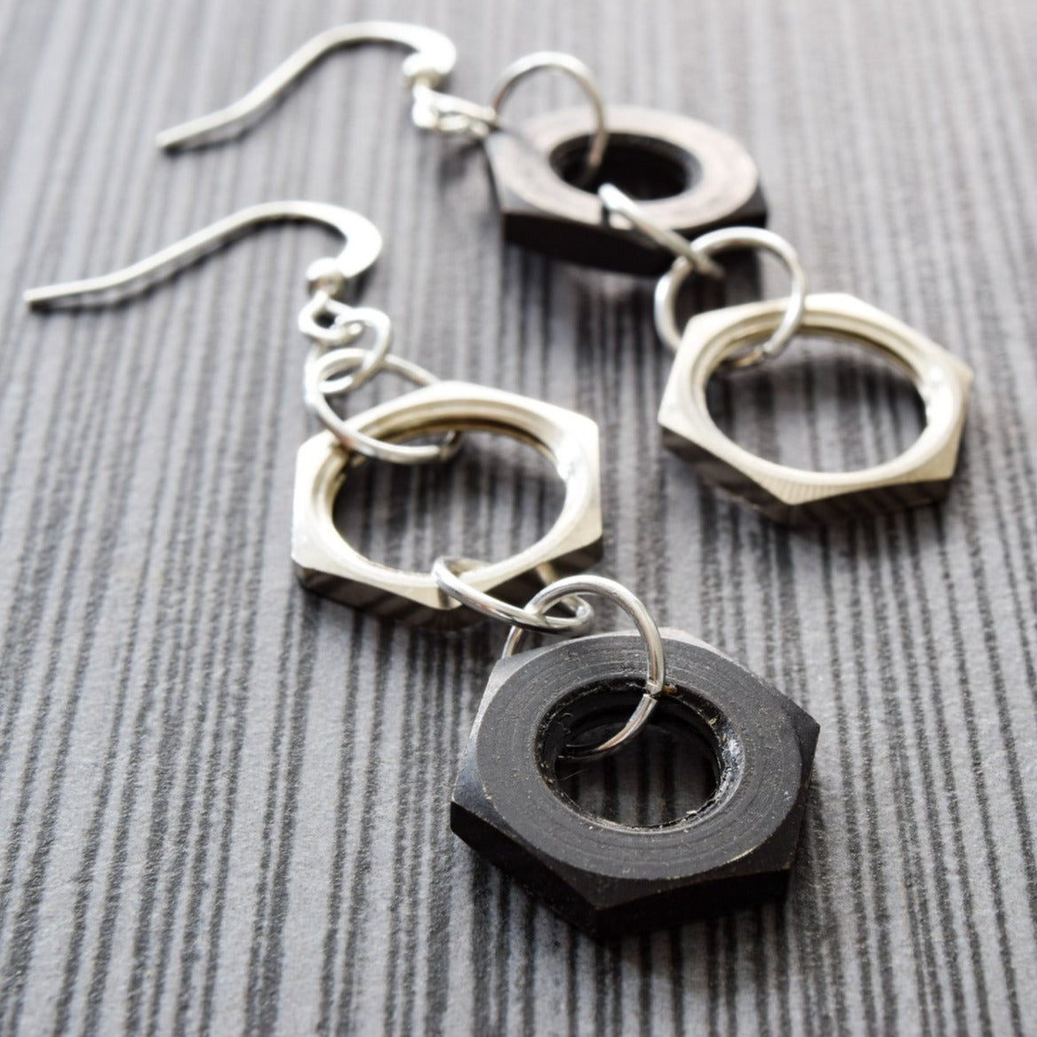 Parts, Black and Silver Nut Dangle Earrings