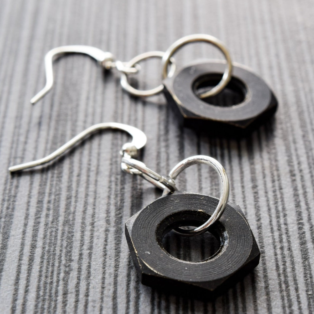 Parts, Black Steel Nut Dangle Earrings