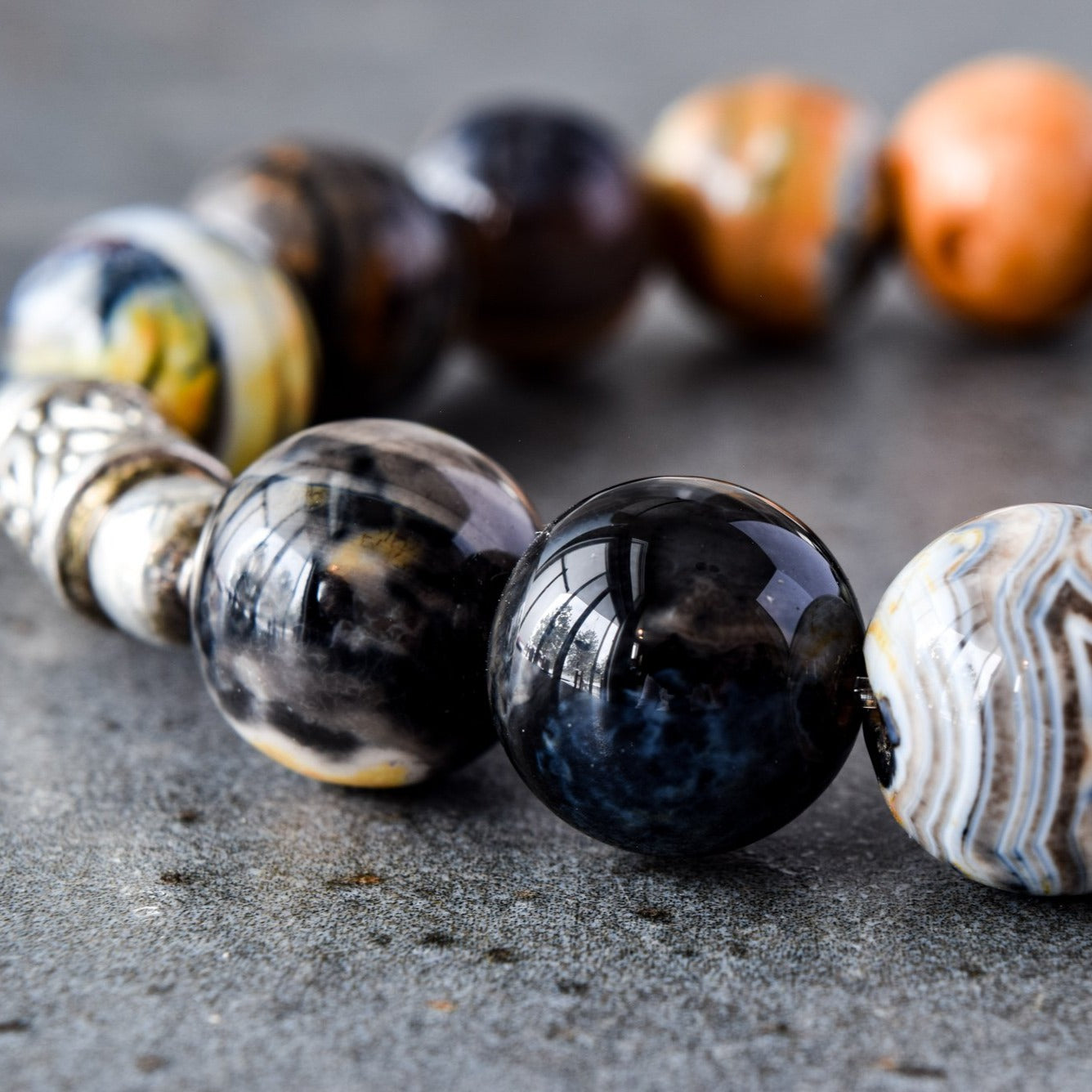 Expressions in Fire Agate, Gold, Orange, Gray Agate Bead Stretch Bracelet