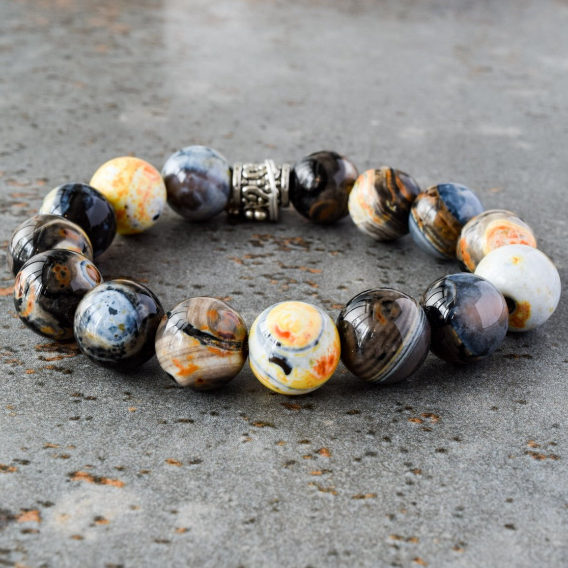 Expressions in Fire Agate, Gold, Orange, Gray Agate Bead Stretch Bracelet