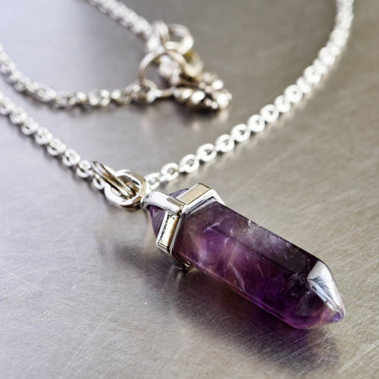 Expressions in Amethyst, 24-inch Necklace with a Amethyst Pendant on a Stainless-Steel Chain