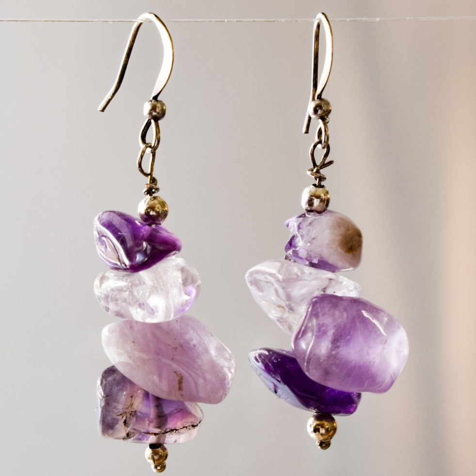 Expressions in Amethyst, Stacked Stone Dangle Earrings