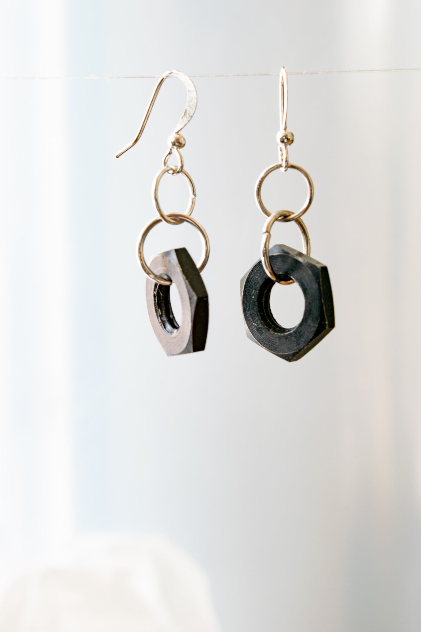 Parts, Black Steel Nut Dangle Earrings