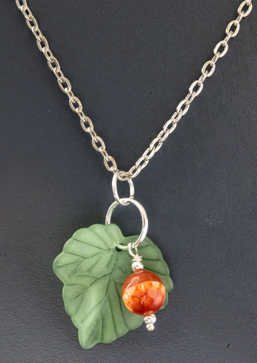 Expressions in Red Fire Agate, 20-inch Silver Necklace with a Leaf Pendent