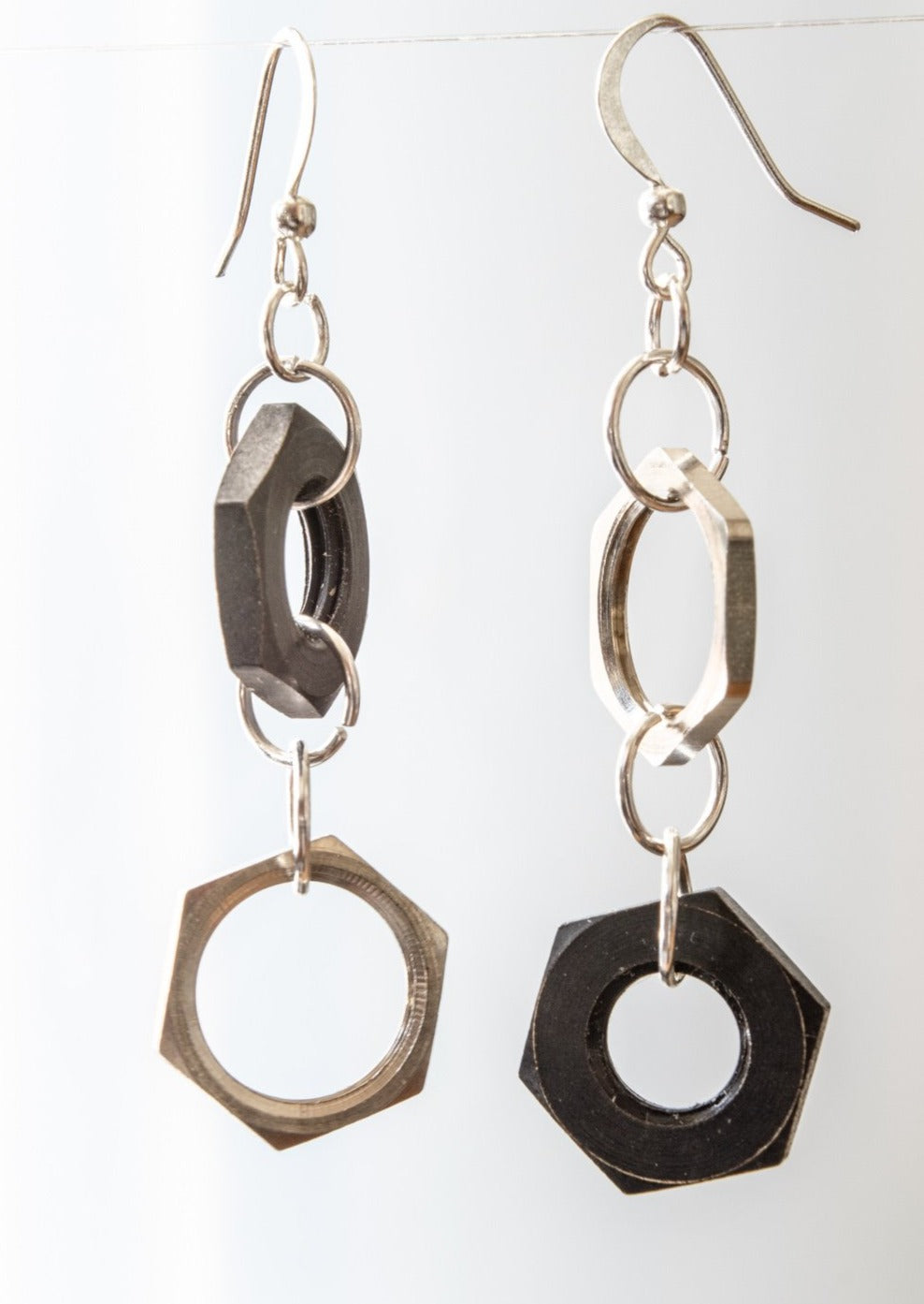 Parts, Black and Silver Nut Dangle Earrings