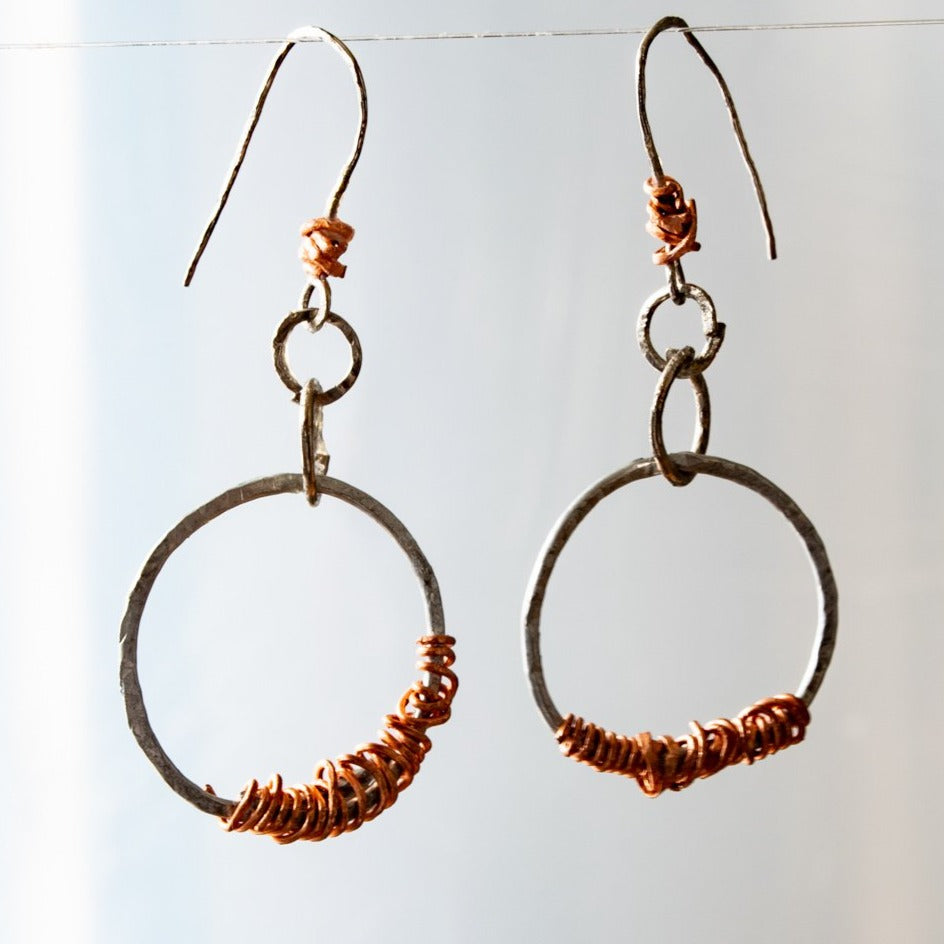 circles  steel and copper dangle earrings