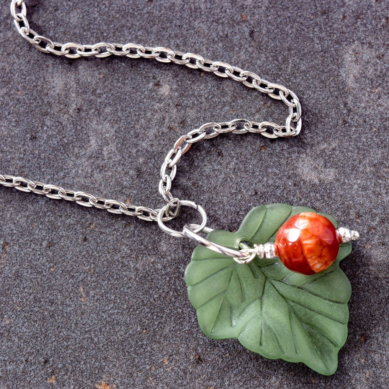 Expressions in Red Fire Agate, 20-inch Silver Necklace with a Leaf Pendent