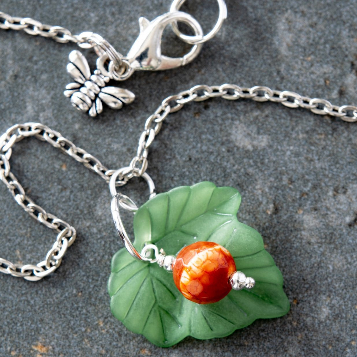 Expressions in Red Fire Agate, 20-inch Silver Necklace with a Leaf Pendent