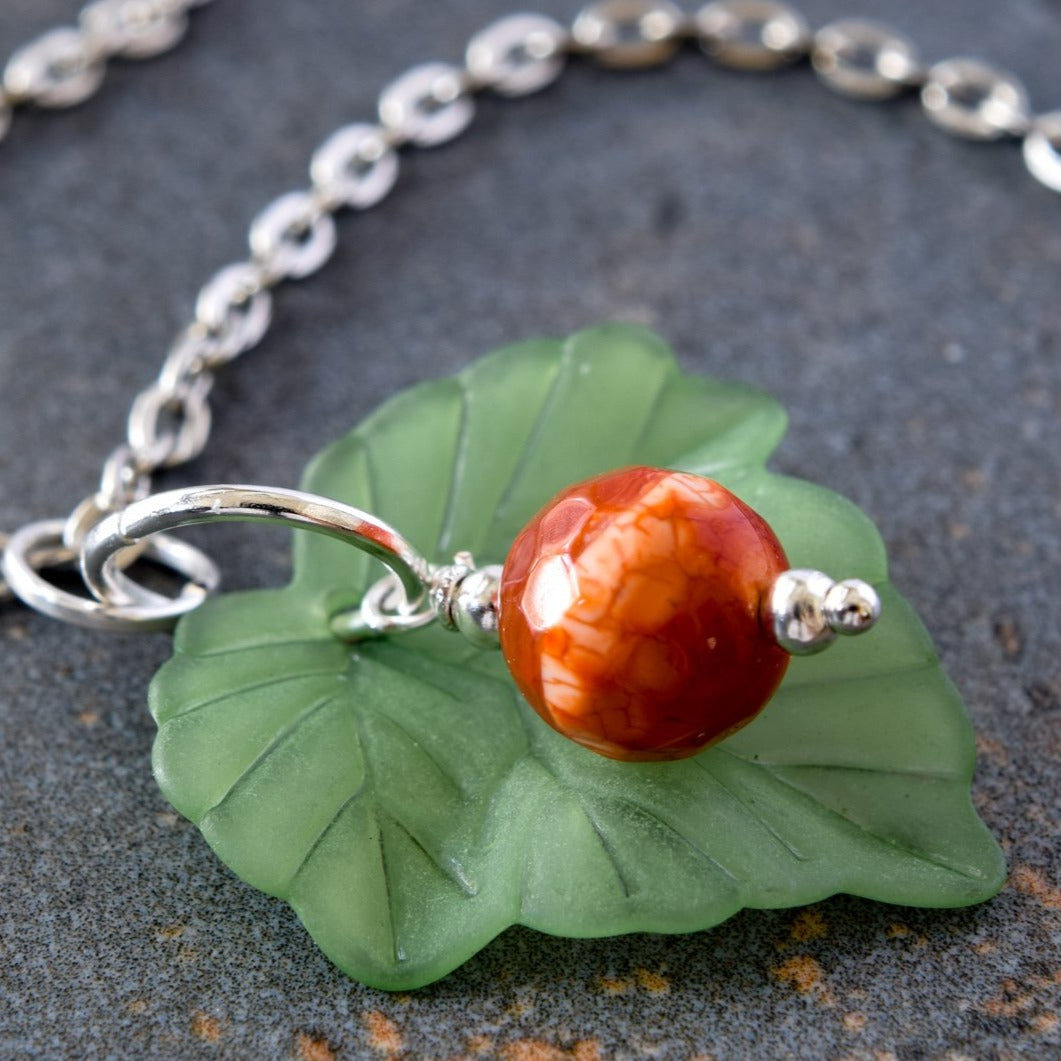 Expressions in Red Fire Agate, 20-inch Silver Necklace with a Leaf Pendent