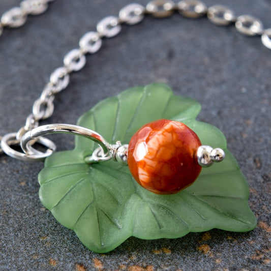 Expressions in Red Fire Agate, 20-inch Silver Necklace with a Leaf Pendent