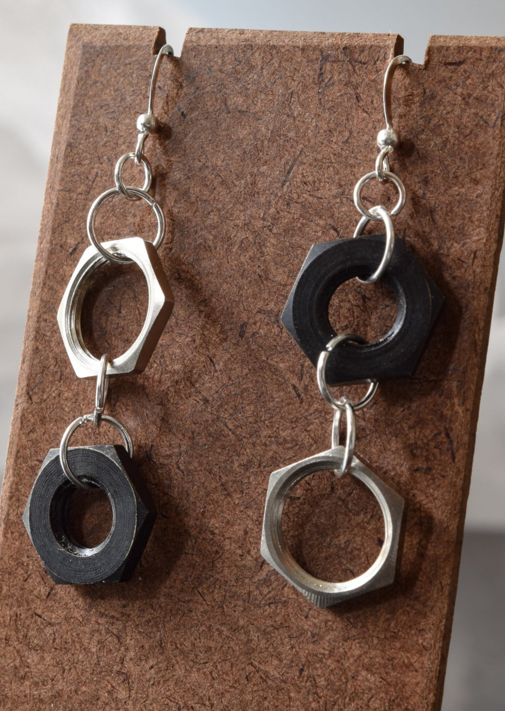 Parts, Black and Silver Nut Dangle Earrings