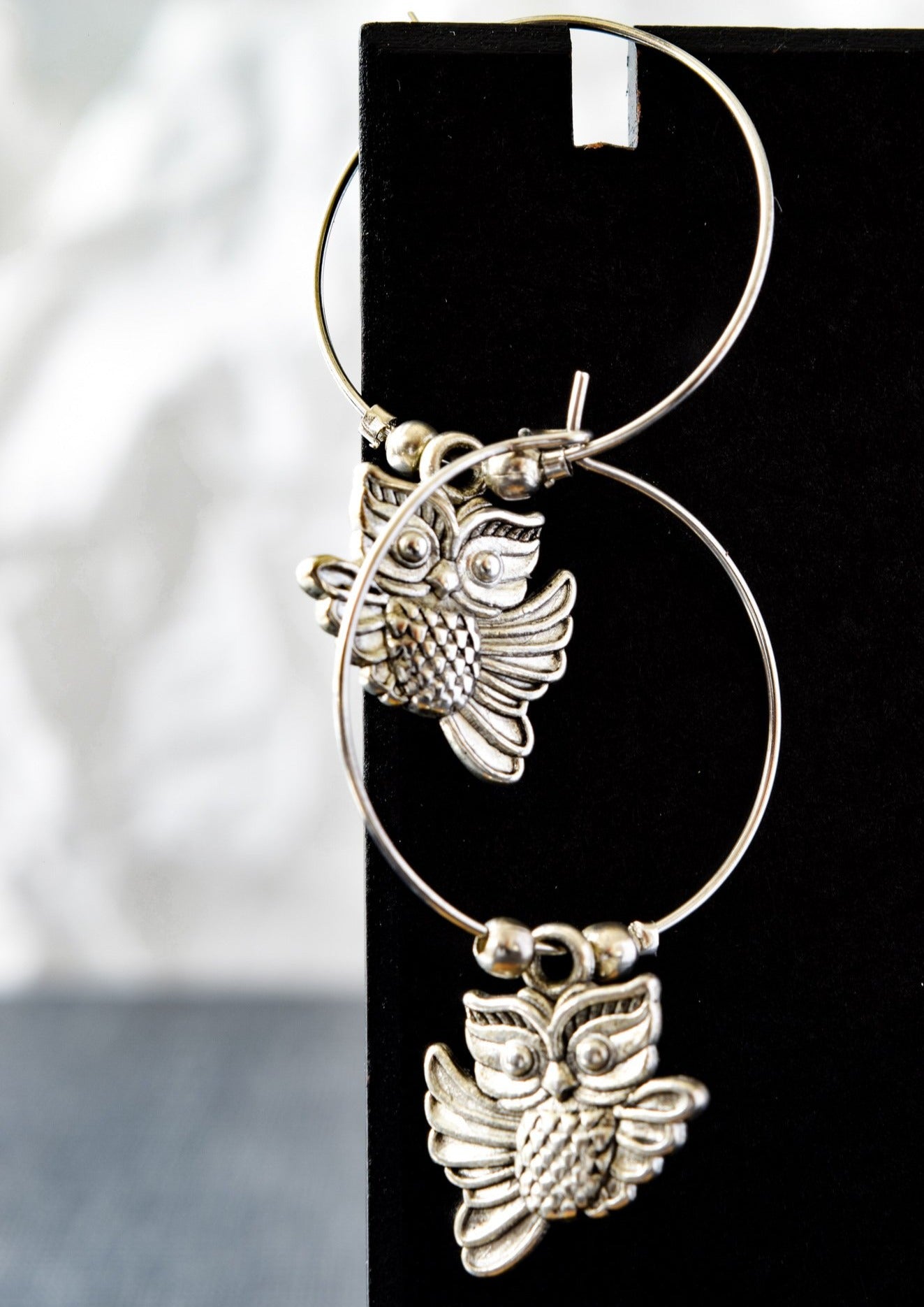 Woodland, Silver Flying Owls Hoop Earrings