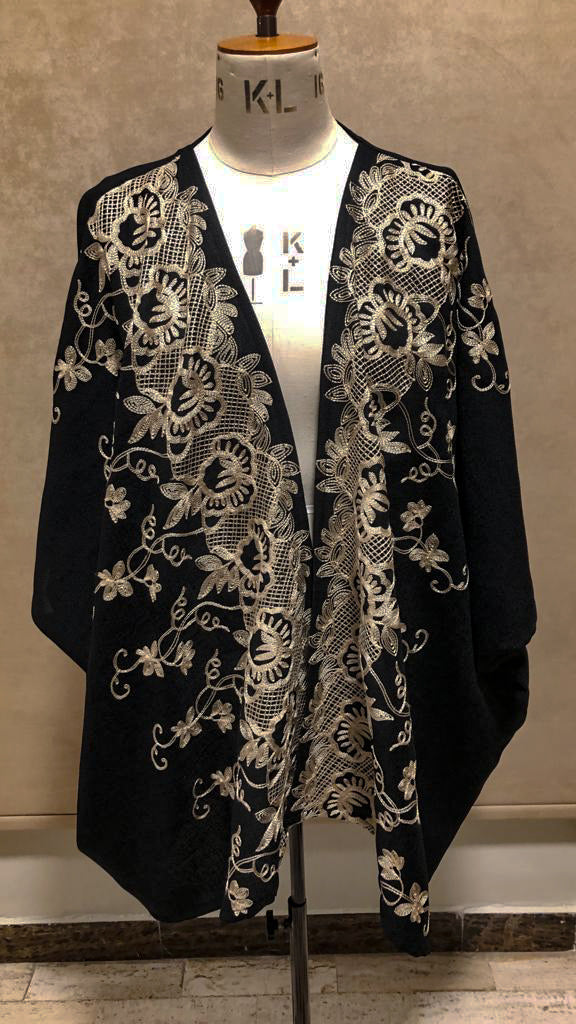 Modern Black, Short Kimono Wrap with Loose Top Cardigan with Contrasting Decorative Stitching