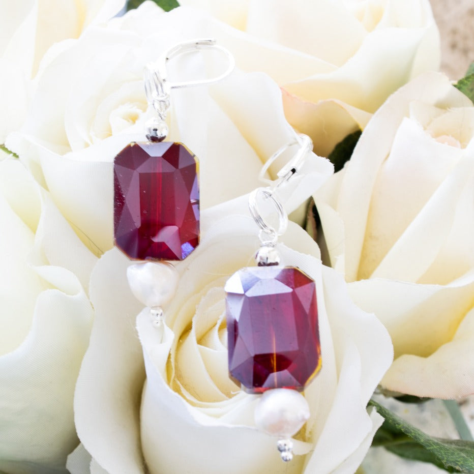 Basics, Ruby Red Crystal and Pearl Dangle Earrings