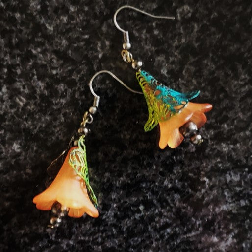 Autumn, Orange Drops with Peacock Finish Earrings