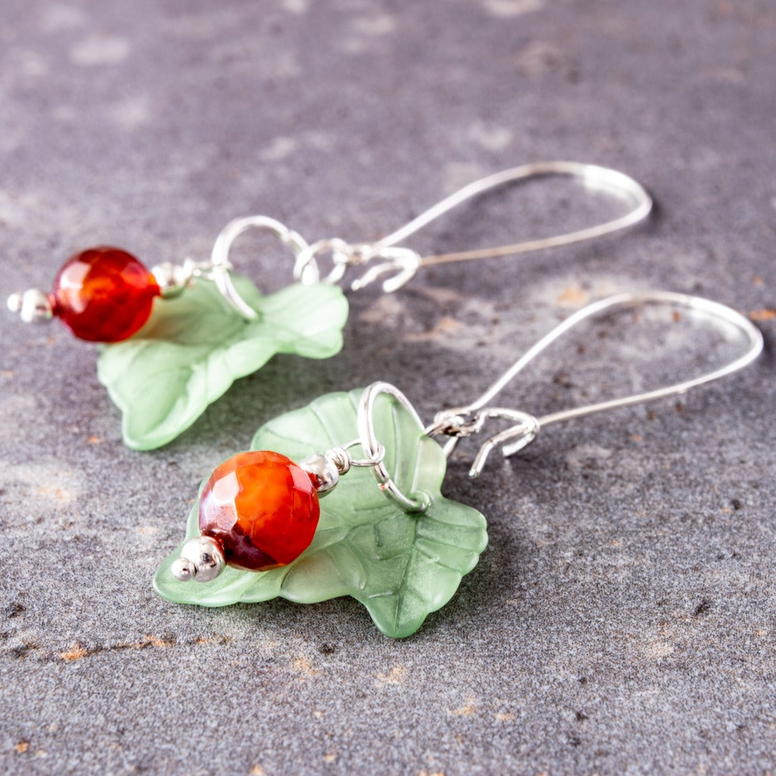 Expressions in Red Fire Agate, Silver Large Loop Dangle Earrings with Leaves