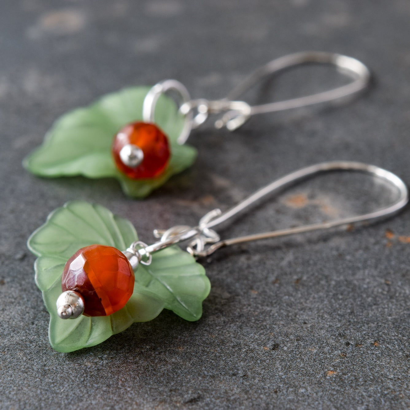 Expressions in Red Fire Agate, Silver Large Loop Dangle Earrings with Leaves