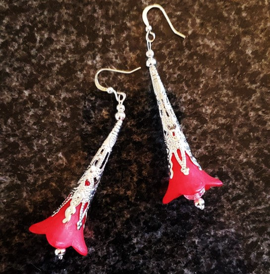 Holidays, filigree silver and red bells dangle earrings